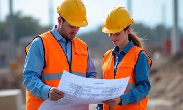 Bauingenieure besprechen Baupläne auf der Baustelle